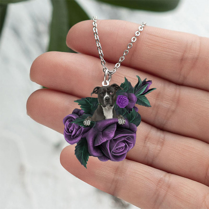 Pitbull In Purple Rose Stainless Steel Necklace