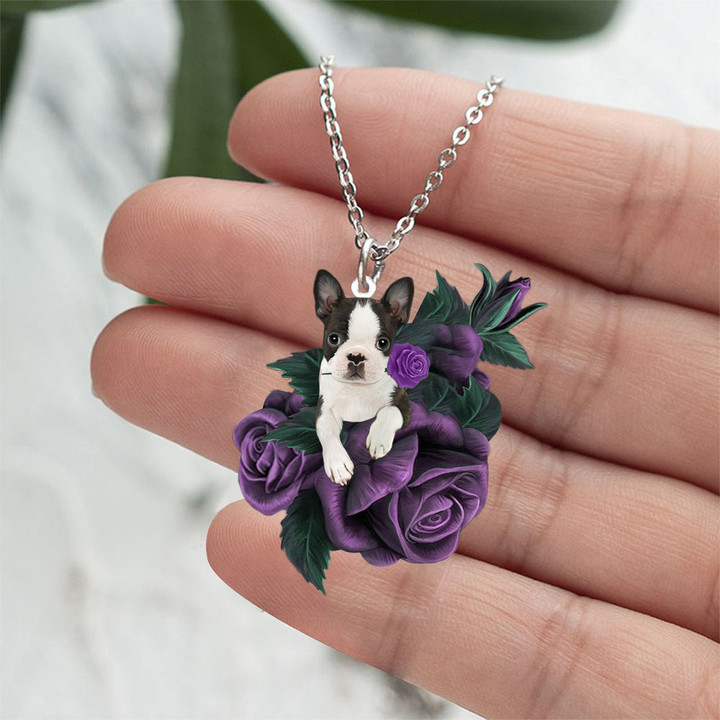 Boston Terrier02 In Purple Rose Stainless Steel Necklace