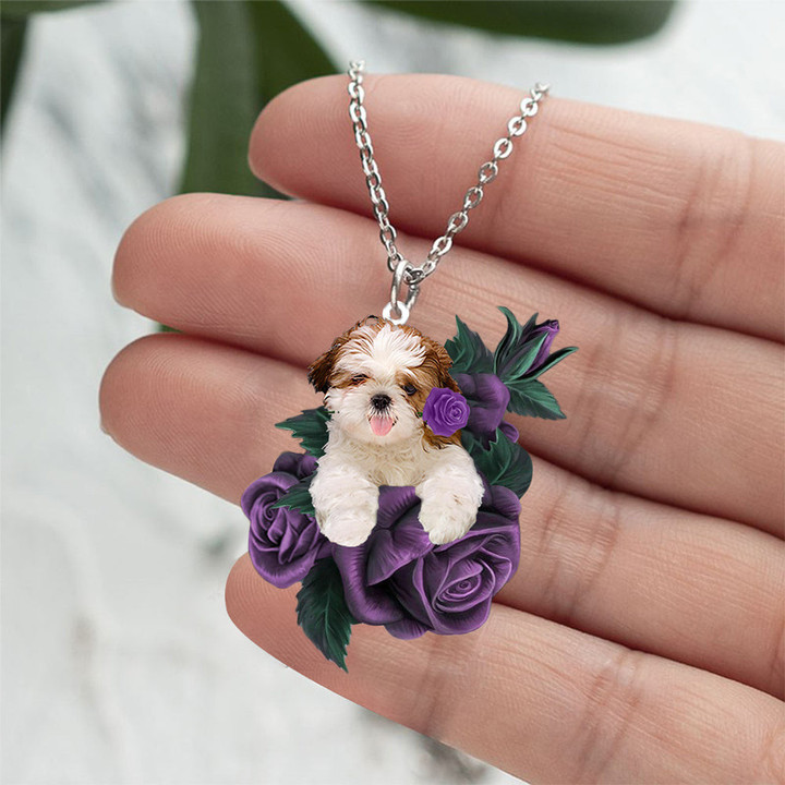 Shih Tzu In Purple Rose Stainless Steel Necklace