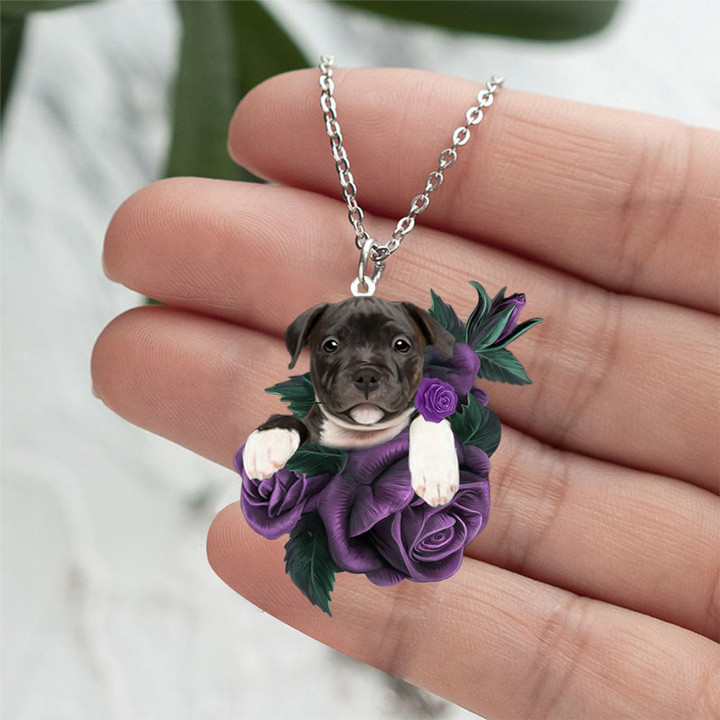 Staffordshire Bull Terrier07 In Purple Rose Stainless Steel Necklace