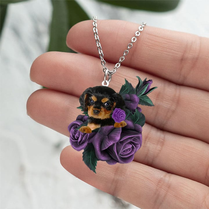 Cavalier King Charles Spaniel 2 In Purple Rose Stainless Steel Necklace