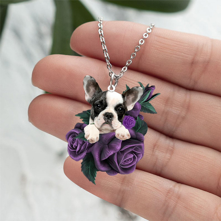 French Bulldog 02 In Purple Rose Stainless Steel Necklace