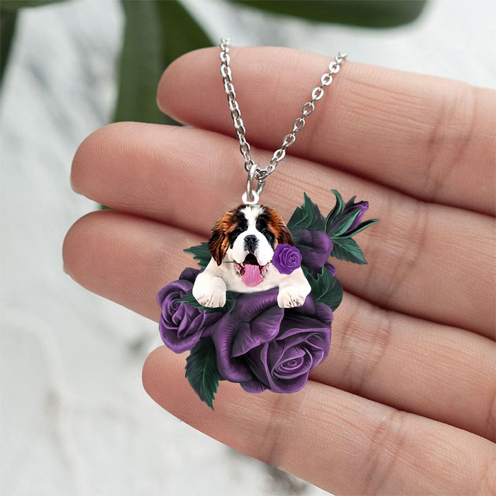 Saint Bernard In Purple Rose Stainless Steel Necklace