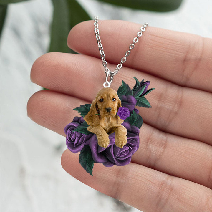 English Cocker Spaniel In Purple Rose Stainless Steel Necklace