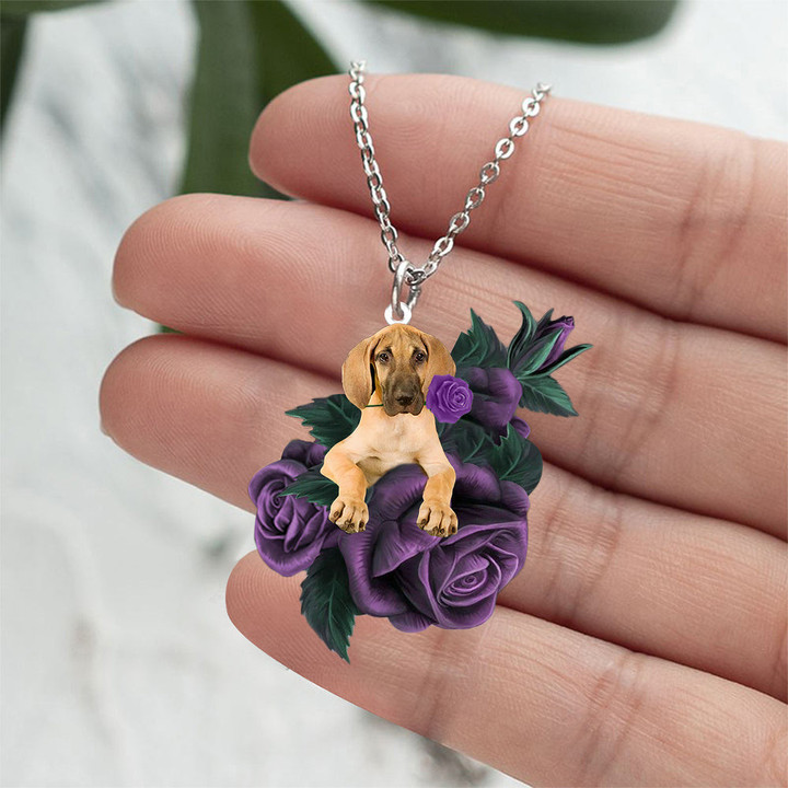Great Dane In Purple Rose Stainless Steel Necklace