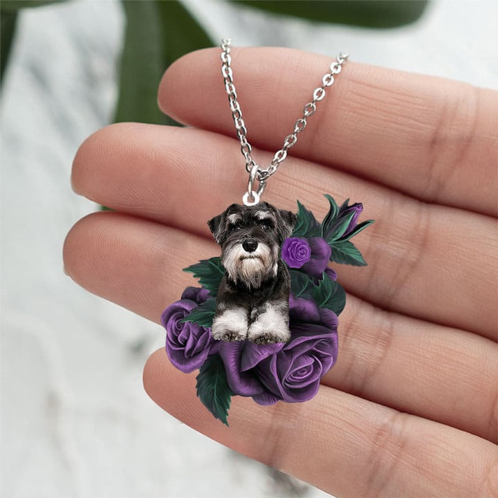 Schnauzer 02 In Purple Rose Stainless Steel Necklace
