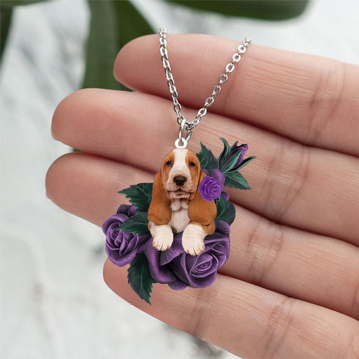 Basset Hound In Purple Rose Stainless Steel Necklace