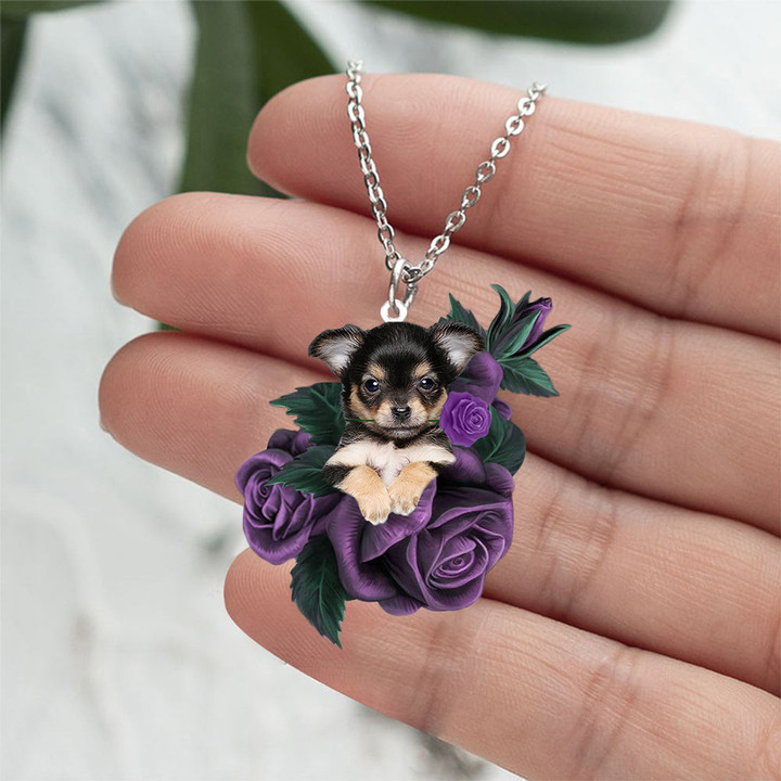 Chihuahua 3 In Purple Rose Stainless Steel Necklace