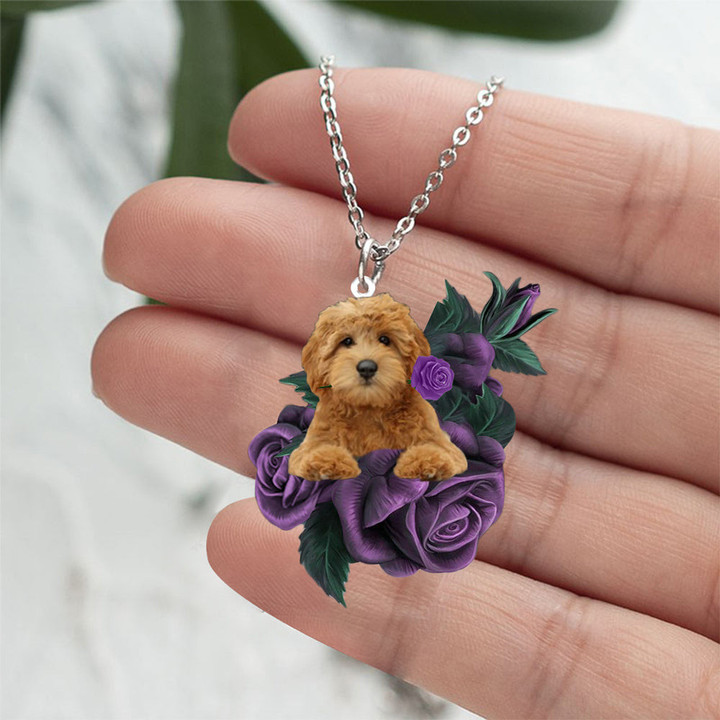 Goldendoodle In Purple Rose Stainless Steel Necklace