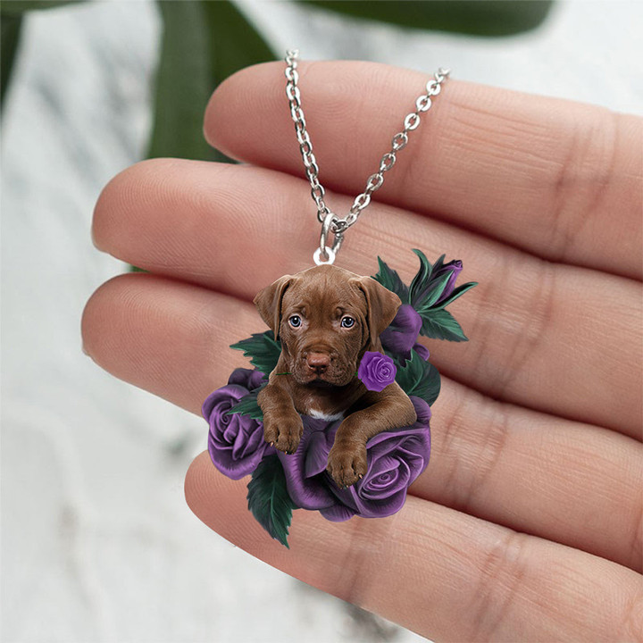 Pitbull 2 In Purple Rose Stainless Steel Necklace