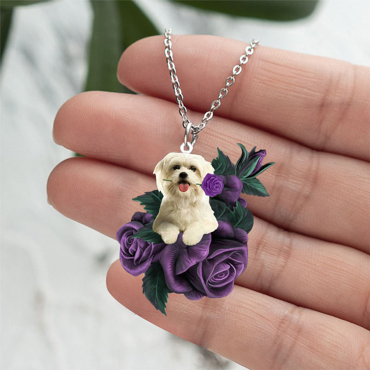 Maltese In Purple Rose Stainless Steel Necklace