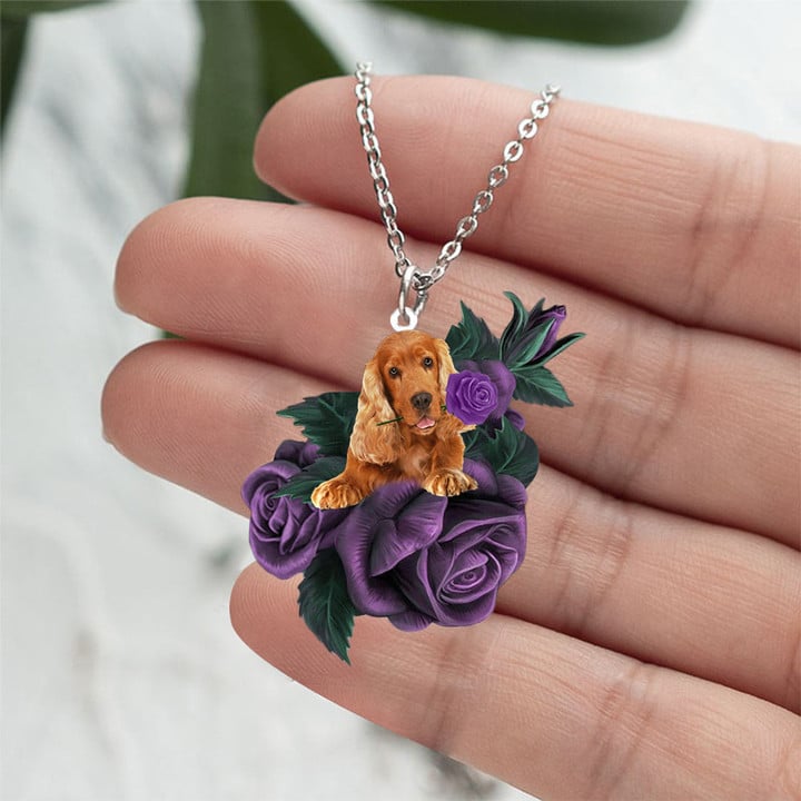 Cocker Spaniel03 In Purple Rose Stainless Steel Necklace
