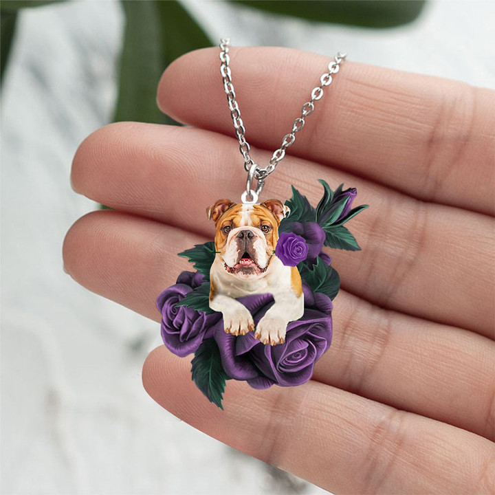 Bulldog In Purple Rose Stainless Steel Necklace