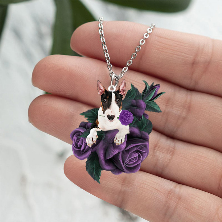 Bull Terrier In Purple Rose Stainless Steel Necklace