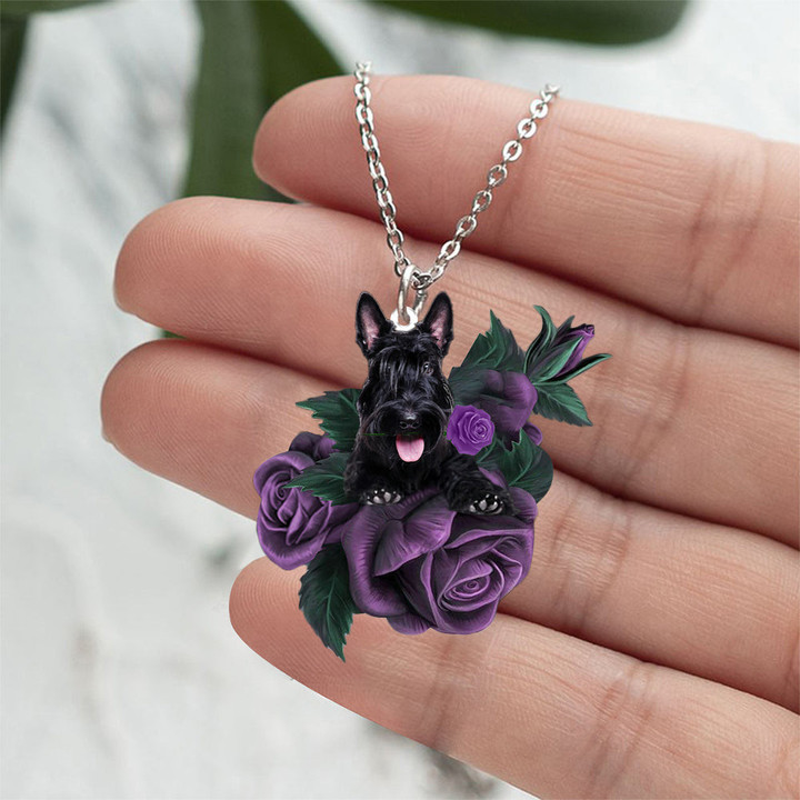 Scottish Terrier In Purple Rose Stainless Steel Necklace