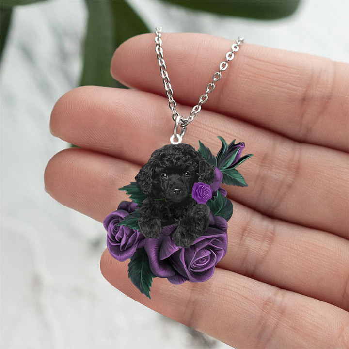 Poodle In Purple Rose Stainless Steel Necklace