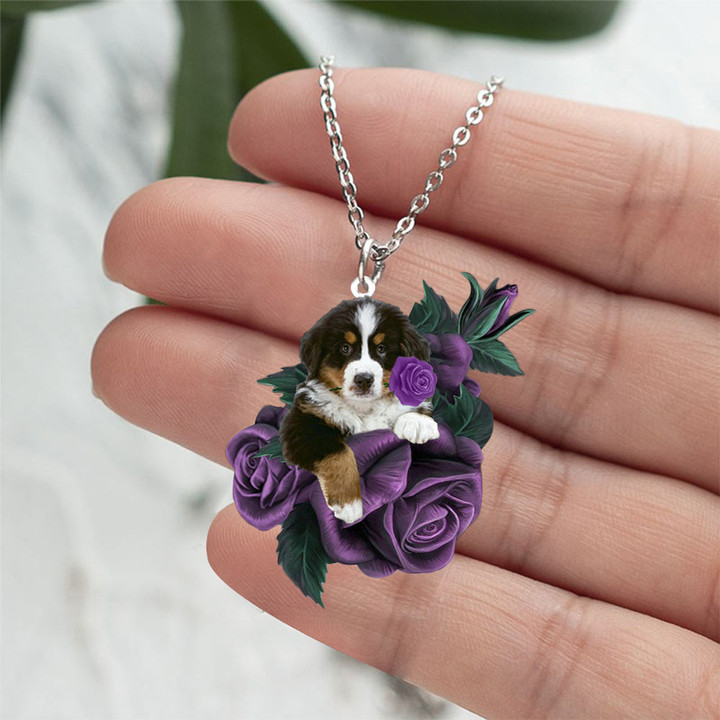 Bernese Mountain In Purple Rose Stainless Steel Necklace