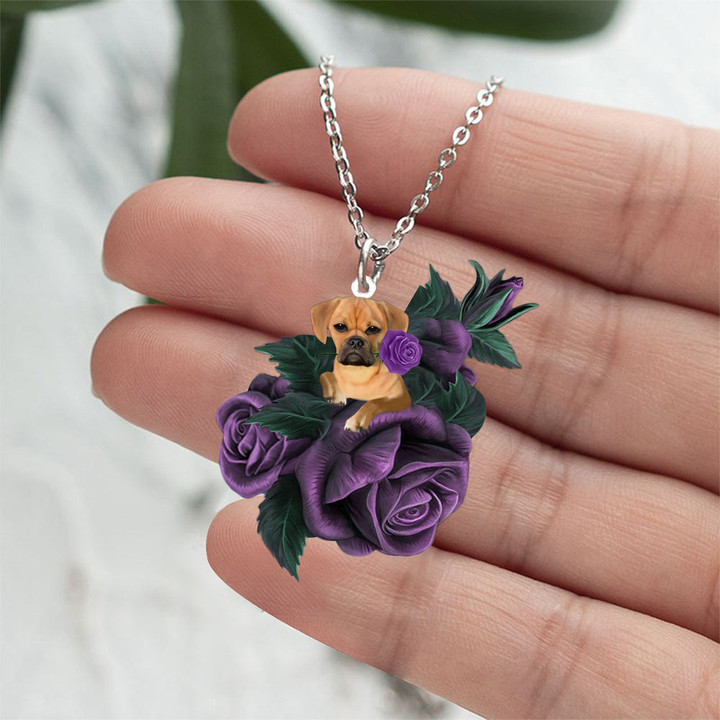 Puggle In Purple Rose Stainless Steel Necklace