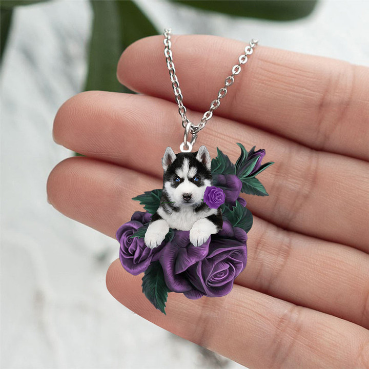Husky In Purple Rose Stainless Steel Necklace