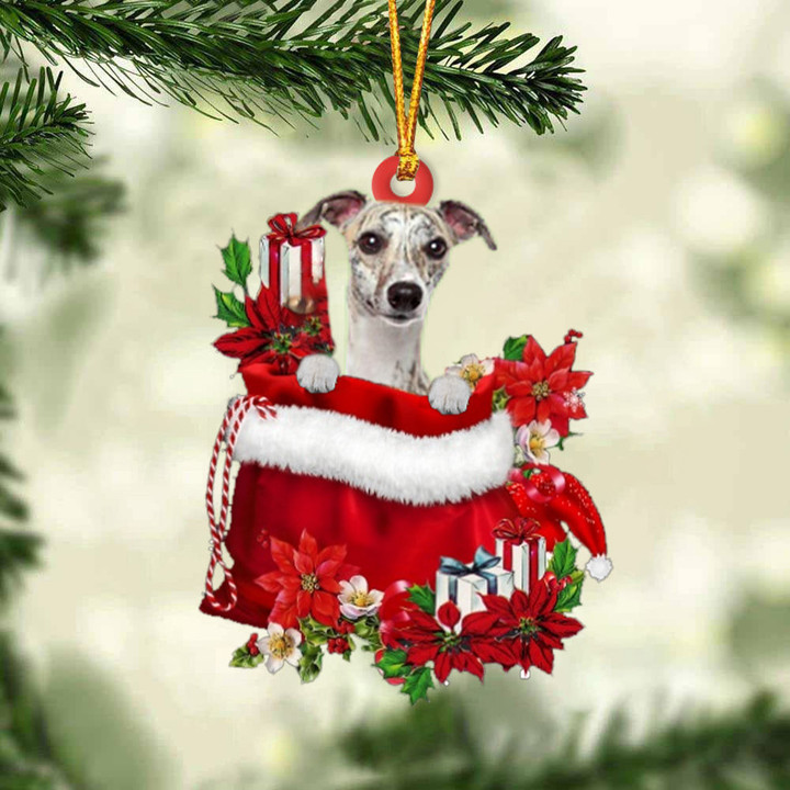 Whippet In Gift Bag Christmas Ornament