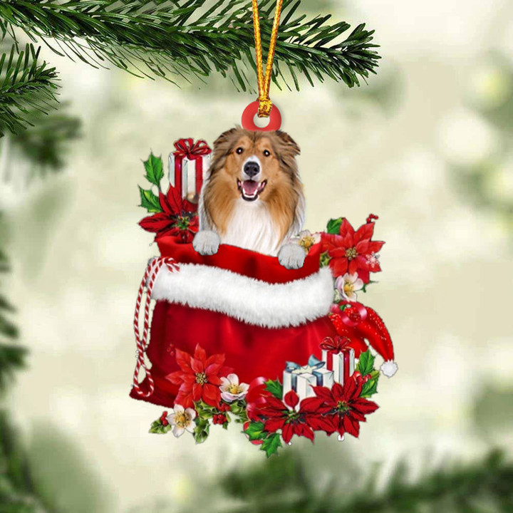 Rough Collie In Gift Bag Christmas Ornament