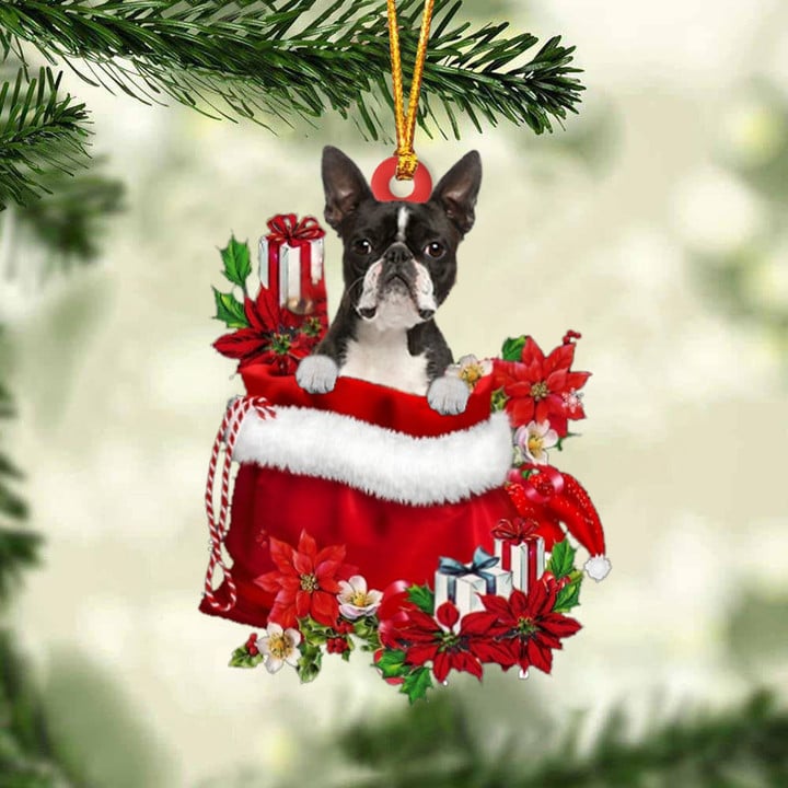 Boston Terrier In Gift Bag Christmas Ornament