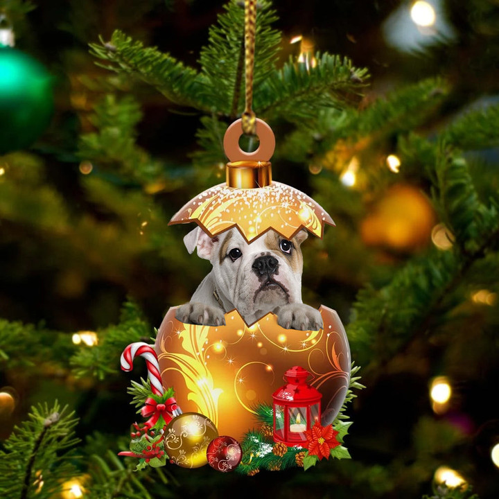 English-Bulldog In Golden Egg Christmas Ornament