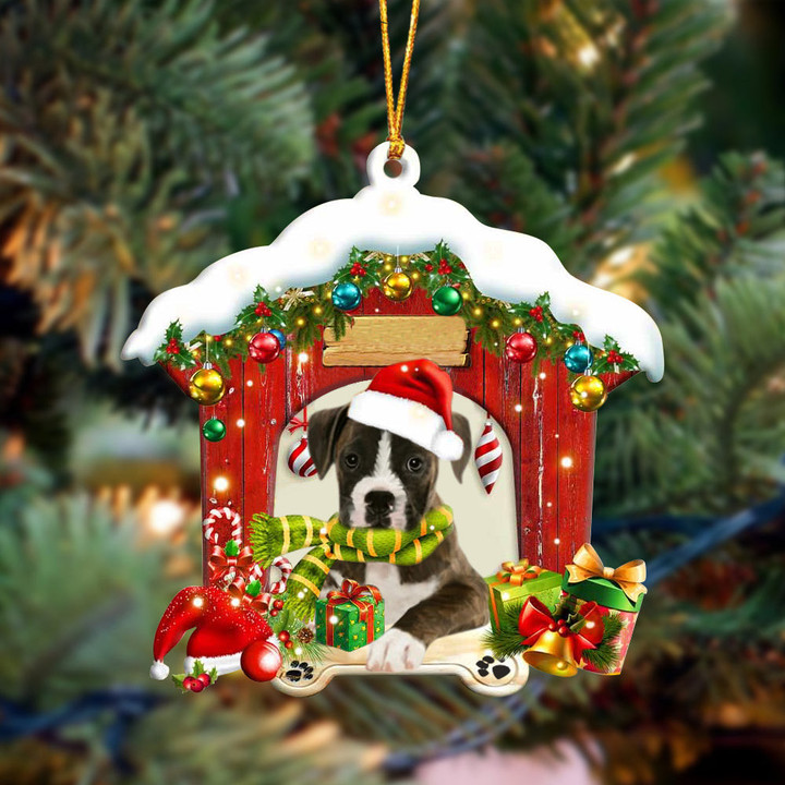Boxer2 In Red Wood House Christmas Ornament