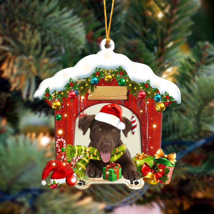 Chocolate Labrador In Red Wood House Christmas Ornament