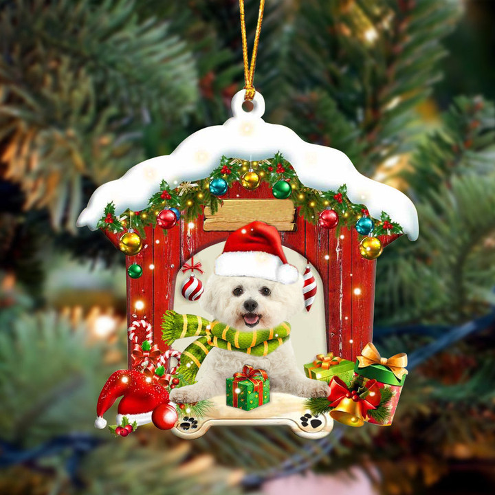 Bichon Frise In Red Wood House Christmas Ornament
