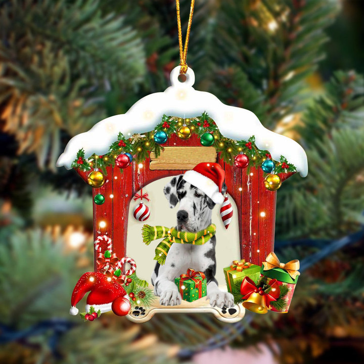Great Dane In Red Wood House Christmas Ornament