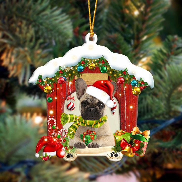 French Bulldog In Red Wood House Christmas Ornament