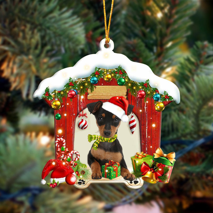 Miniature Pinscher In Red Wood House Christmas Ornament