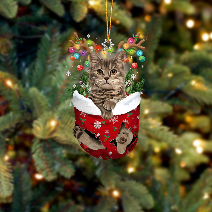 Brown Cat  In Snow Pocket Christmas Ornament