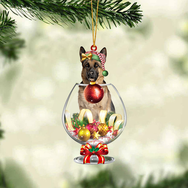 German Shepherd 3 In Wine Glass Merry Christmas Ornament