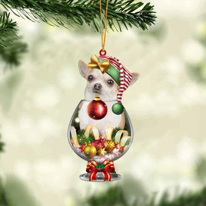 Chihuahua In Wine Glass Merry Christmas Ornament