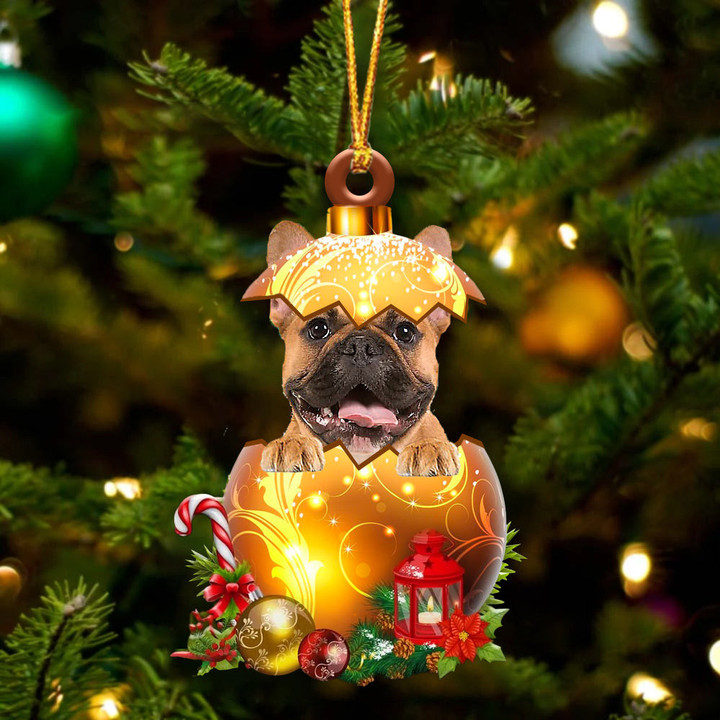 brown French Bulldog In Golden Egg Christmas Ornament