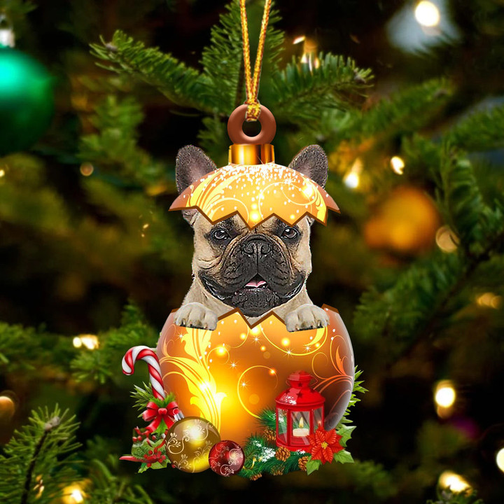 Fawn French Bulldog In Golden Egg Christmas Ornament