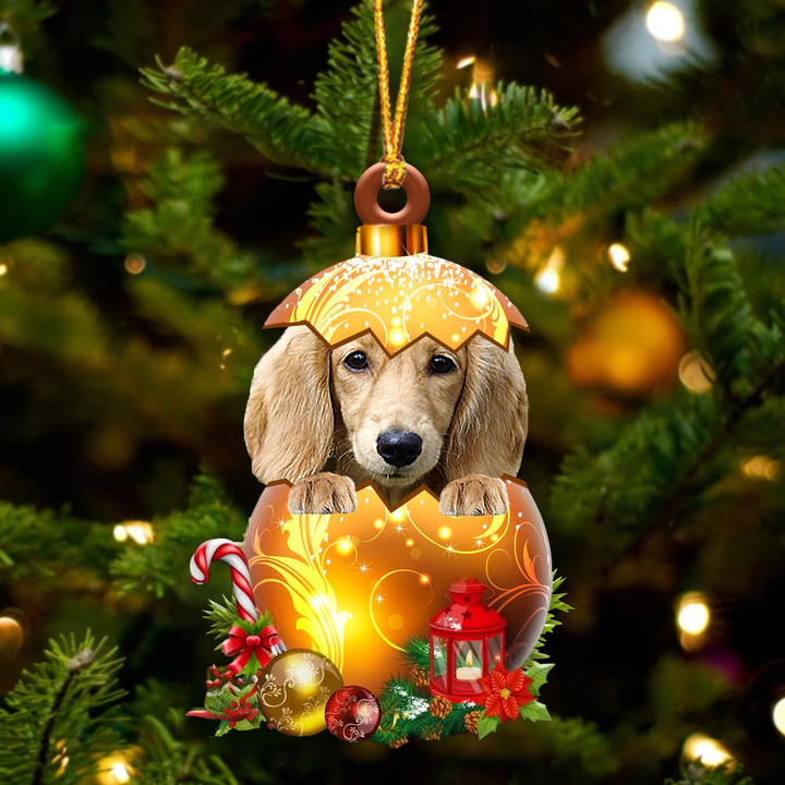 CREAM Long haired Dachshund In Golden Egg Christmas Ornament
