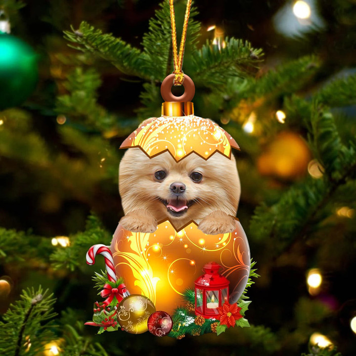 CREAM Pomeranian In Golden Egg Christmas Ornament