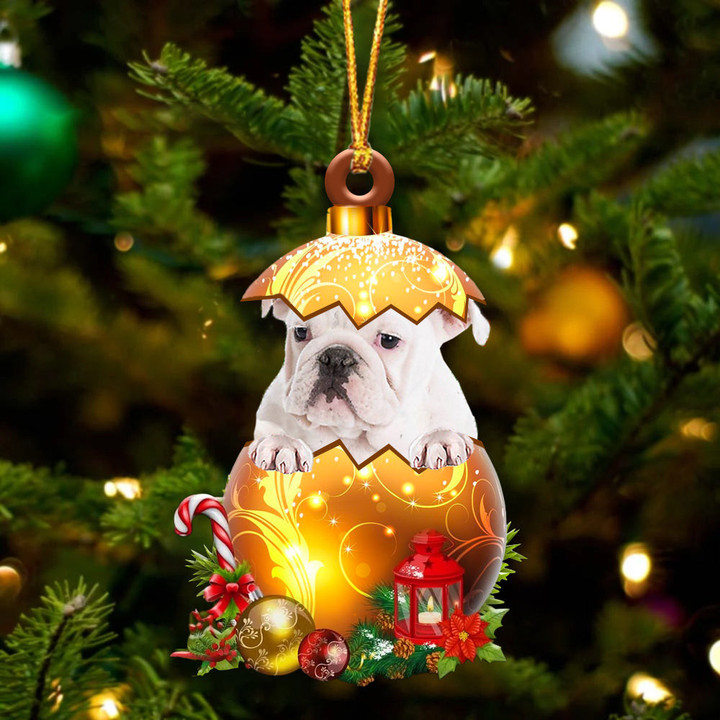 WHITE English Bulldog In Golden Egg Christmas Ornament