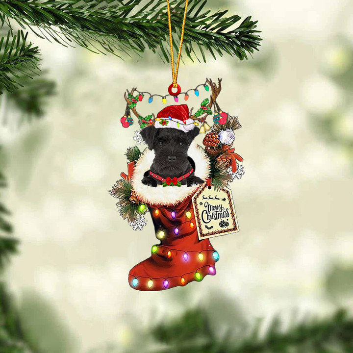 BLACK Miniature Schnauzer In Red Boot Christmas Ornament