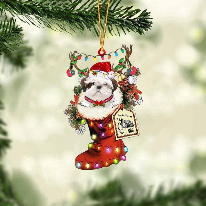WHITE Shih Tzu In Red Boot Christmas Ornament