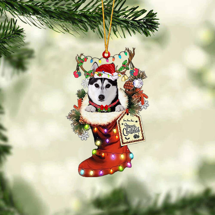 Husky  2 In Red Boot Christmas Ornament