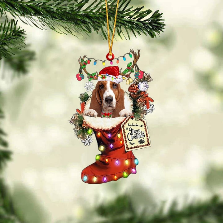Basset Hound In Red Boot Christmas Ornament
