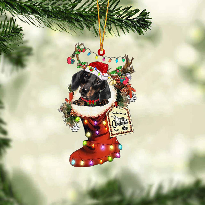 BLACK Dachshund In Red Boot Christmas Ornament