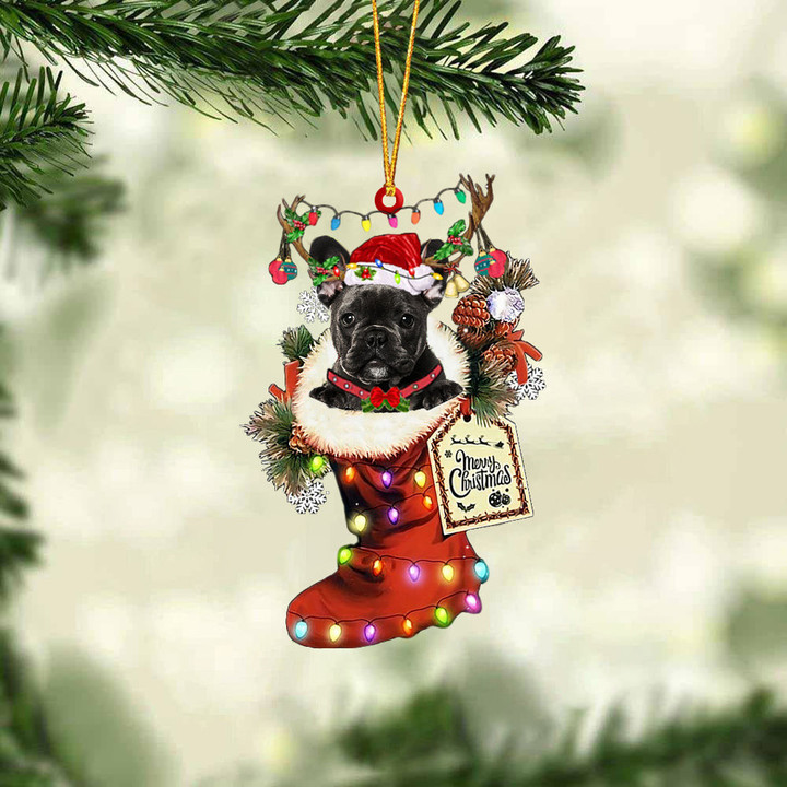 BLACK French Bulldog In Red Boot Christmas Ornament