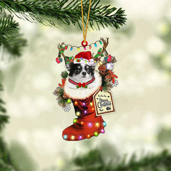 Long haired white Chihuahua In Red Boot Christmas Ornament