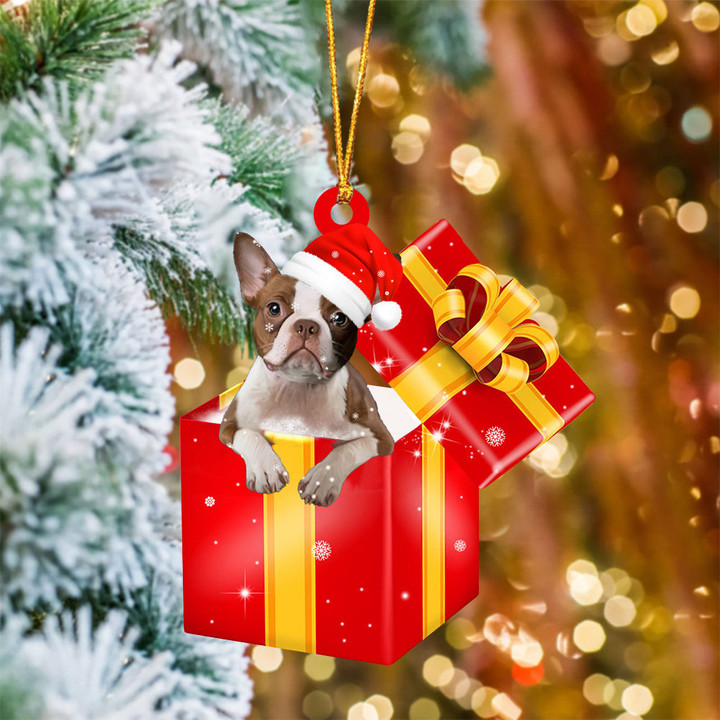 Boston Terrier 2 In Red Gift Box Christmas Ornament