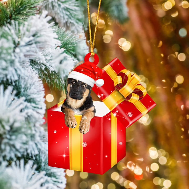 German Shepherd In Red Gift Box Christmas Ornament